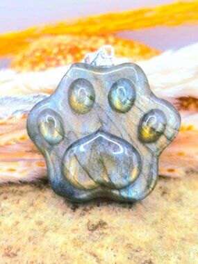 Labradorite Cat Paw Pendant • 1.1" Heart Paw Carving •  Crystal Necklace